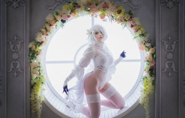 Секси, окно, блондинка, sexy, window, blonde, цветок в волосах, Cosplay