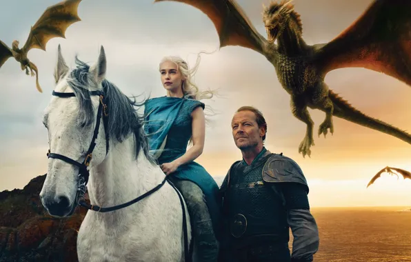 Драконы, Game of Thrones, Emilia Clarke, Daenerys Targaryen, Iain Glen, Jorah Mormont