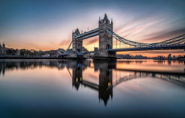 Картинка небо, облака, закат, мост, отражение, река, Англия, Лондон