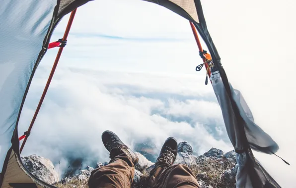 Landscape, tent, slippers, camping