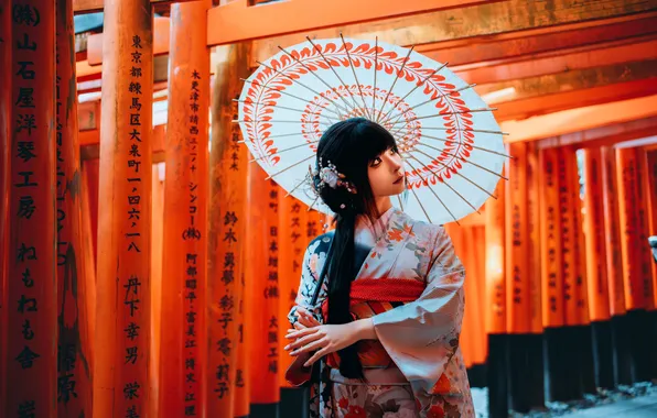 Women, asian clothing, model, Asian, Chun Momo, kimono, umbrella