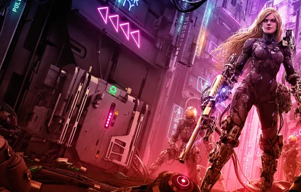 Art, neon, cyberpunk, women, blonde, cityscape, futuristic, futuristic armor