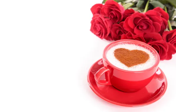 Картинка цветы, кофе, розы, букет, чашка, красные, белый фон, сердечко