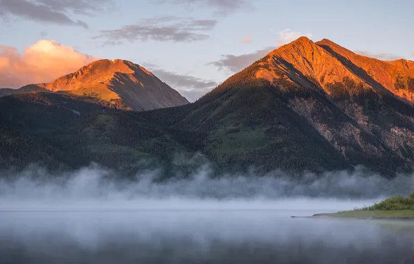 Картинка forest, landscape, nature, sunset, mountains, clouds, lake, sunrise