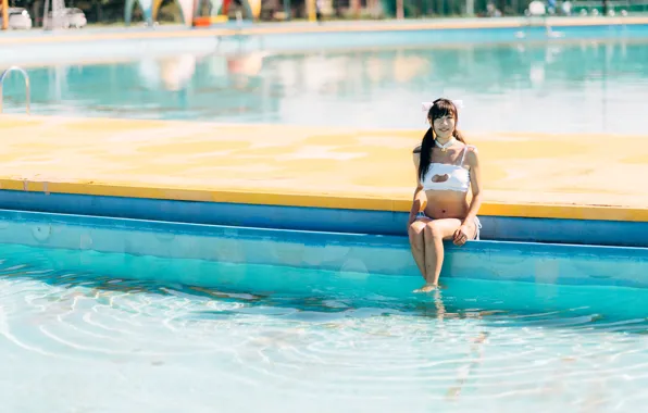Girl, sexy, pool, cleavage, long hair, boobs, beautiful, pretty