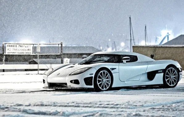 Зима, белый, небо, снег, здания, Koenigsegg, white, вид сбоку