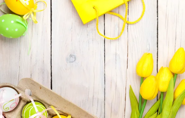 Картинка Пасха, тюльпаны, yellow, wood, tulips, spring, Easter, eggs