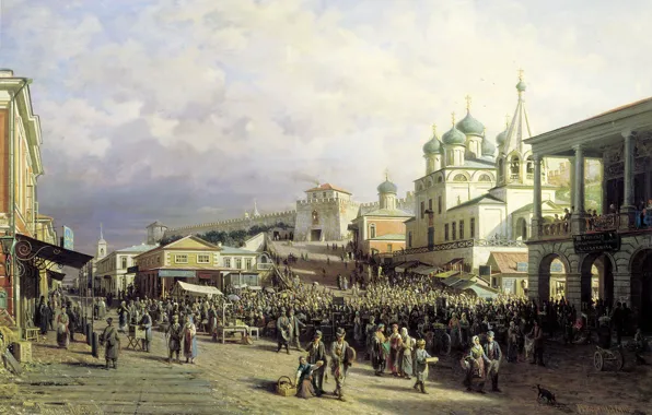 Картинка люди, масло, храм, Холст, 1872, Пётр ВЕРЕЩАГИН, Рынок в Нижнем Новгороде