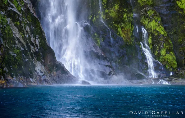 Картинка природа, озеро, скалы, водопад, мох, New Zealand, David Capellari