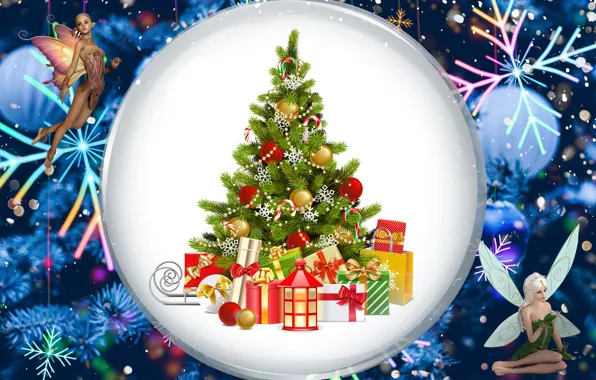 Картинка Феи, Рождество, Новый год, Ёлка, Подарки, Рождественская ёлка
