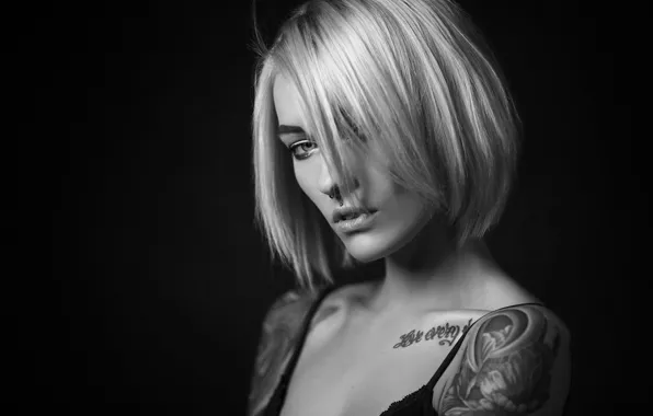 Black & white, girl, model, tatoo, piercing, blonde., Sasha Brink