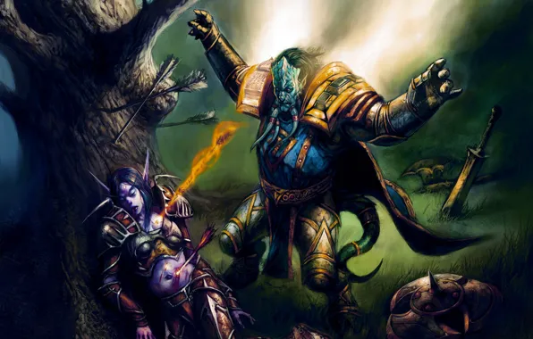Картинка Эльфийка, World of Warcraft, Blizzard, Паладин, Дреней, Раны, Стрелы