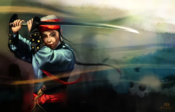 Картинка девушка, меч, катана, размытость, арт, азиатка, национальный наряд