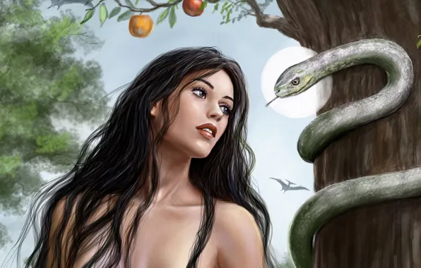 Взгляд, девушка, дерево, волосы, змея, арт, яблоня, ева