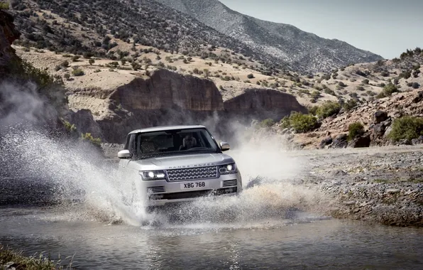 Картинка вода, горы, брызги, серебристый, джип, внедорожник, Land Rover, Range Rover