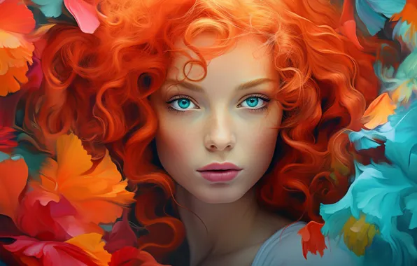 Взгляд, листья, девушка, цветы, лицо, поза, портрет, образ