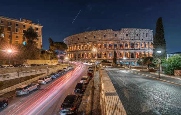 Картинка дорога, машины, ночь, Рим, Италия, Ватикан