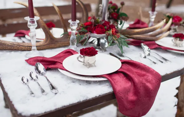 Картинка цветы, стол, розы, декор, сервировка