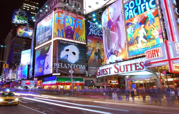 Картинка ночь, огни, реклама, нью-йорк, таймс-сквер