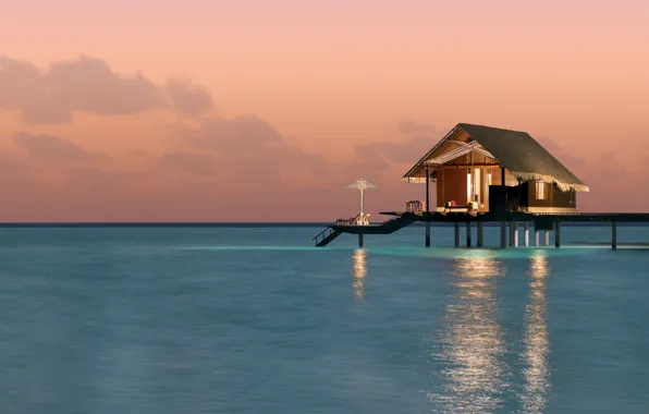 Океан, вечер, причал, бунгало, romantic, reethi-rah, private water villa