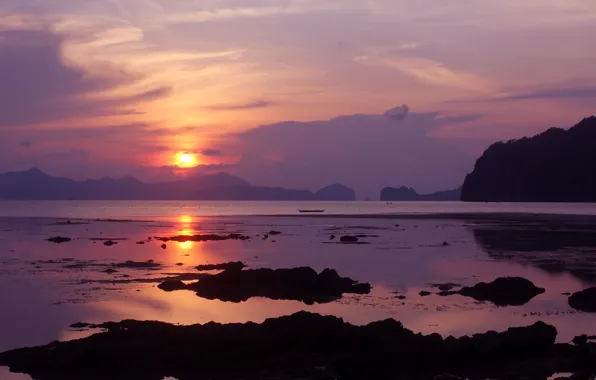 Картинка море, пейзаж, природа, берег, лодка, вечер, отлив