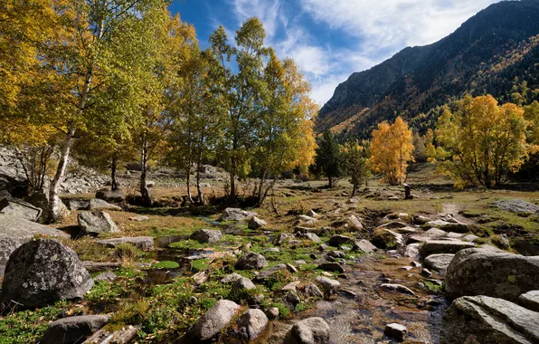 Картинка Горы, Осень, Деревья, Камни, Андорра