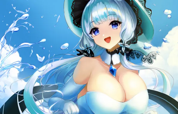Girl, sexy, cleavage, long hair, dress, hat, boobs, anime