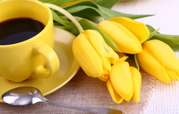 Картинка yellow, flowers, cup, tulips, coffee, breakfast