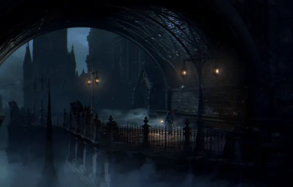 Картинка ночь, туман, забор, человек, кирпич, фонари, арка, башни