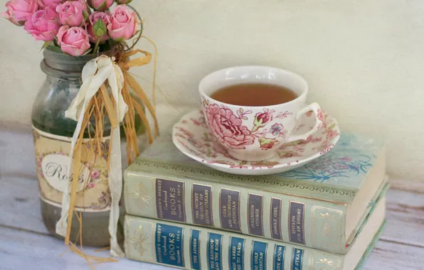 Картинка цветы, чай, книги, розы, чашка, банка, розовые