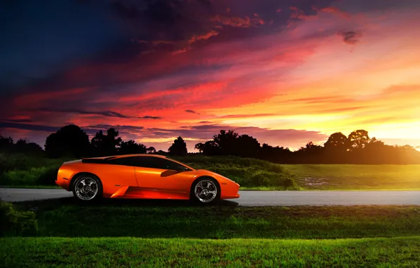 Картинка небо, закат, Lamborghini, блик, Murcielago, orange, profile