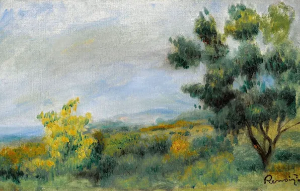 Картина, 1900, Пьер Огюст Ренуар, Pierre Auguste Renoir, Пейзаж с Деревьями и Морем