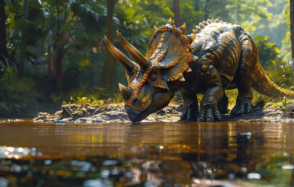 Вода, Деревья, Динозавр, Рога, Triceratops, Животное, Цифровое искусство, Трицератопс
