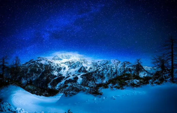 Картинка зима, лес, небо, снег, деревья, горы, ночь, звёзды