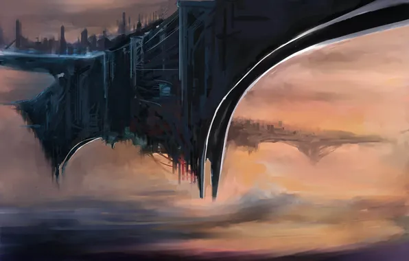 Город, фантастика, арт, космический корабль, by cloudminedesign, летающий, wip 2