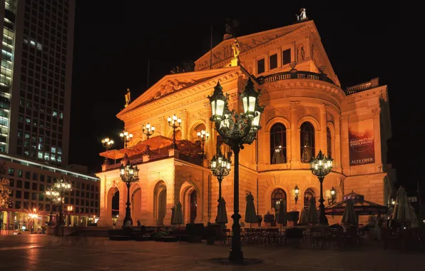 Ночь, огни, фонари, Frankfurt, Франкфурт, Герамания, alte Oper