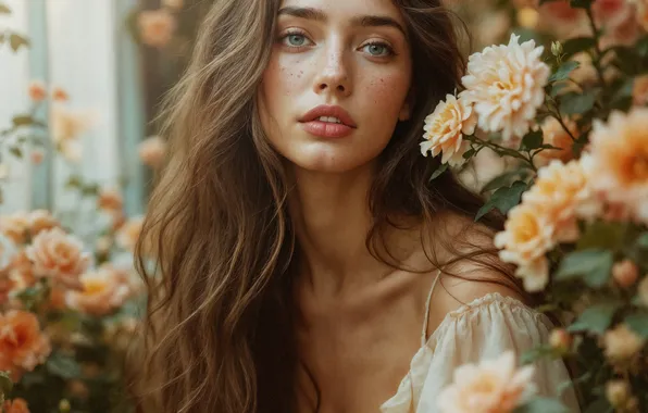 Взгляд, девушка, цветы, поза, портрет, розы, сад, шатенка