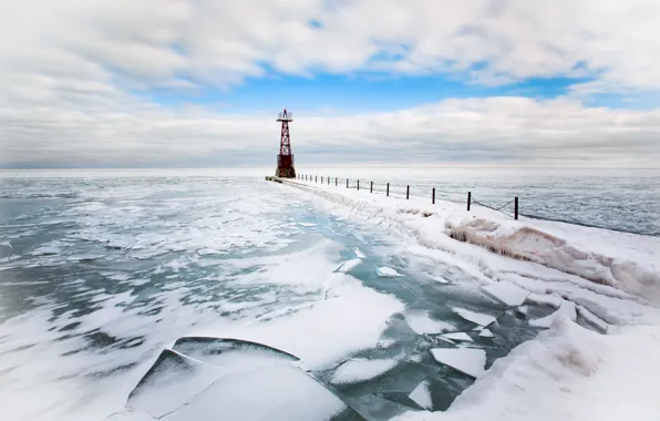 Картинка море, маяк, лёд