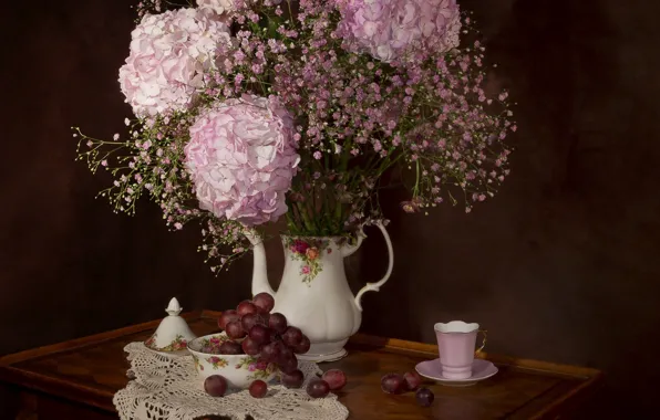 Цветы, стол, чай, букет, виноград, чашка, розовые, миска