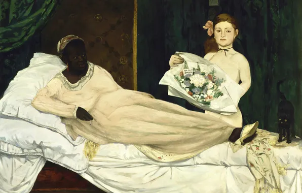 Цветы, Девушки, Картина, Букет, Двое, Постель, Edouard Manet, Эдуард Мане