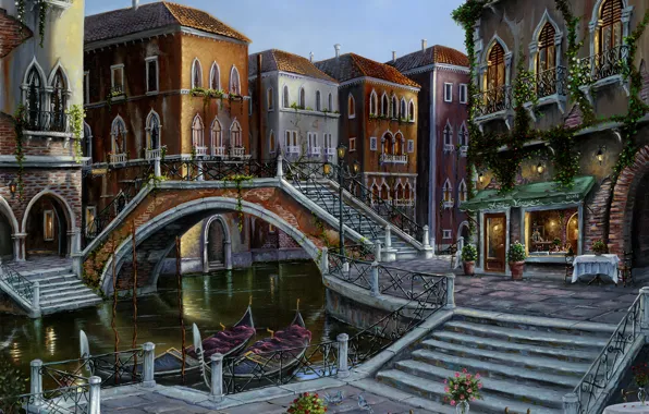 Картинка цветы, мост, стол, Италия, лестница, Венеция, канал, кафе