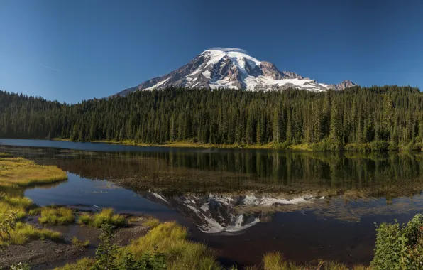 Картинка hdr, панорама, сша, Oregon, panorama, multi monitors, горное озеро, Mount Hood