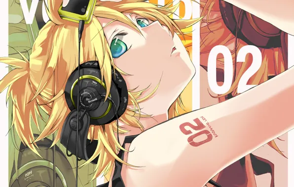 Взгляд, аниме, наушники, арт, парень, Vocaloid, Вокалоид, Лен