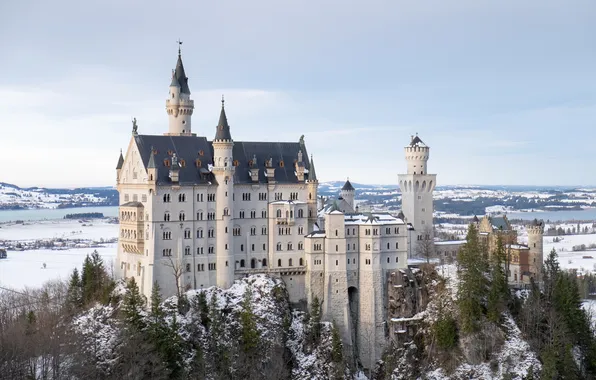 Картинка зима, небо, облака, снег, деревья, горы, замок, Германия