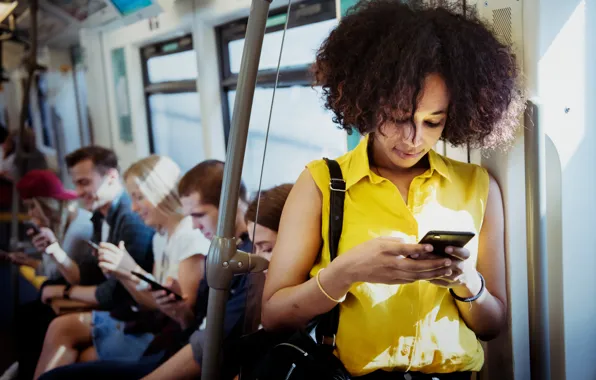 Fashion, woman, cell, bus, afro