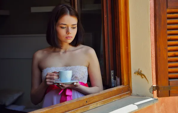 Short hair, model, window, brunette, coffee, tea, piercing, clothing