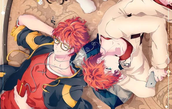 Аниме, наушники, арт, парни, телефоны, mystic messenger, choi saeyoung