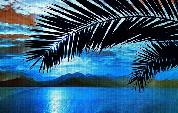 Картинка море, пальмы, картина, ветка, арт, живопись, painting, горы.