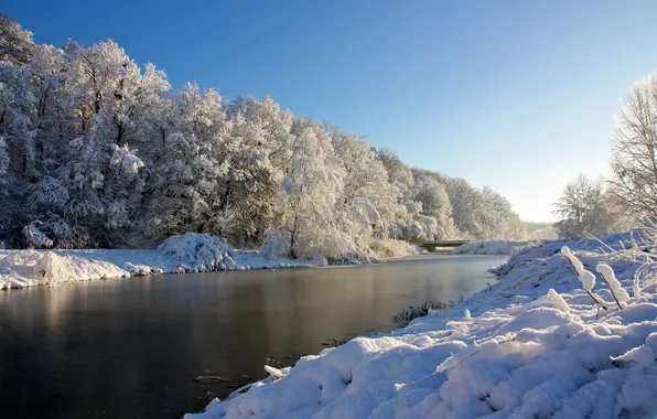 Снег, деревья, река