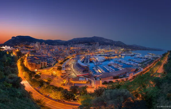 Горы, город, огни, бухта, вечер, Monaco, Monte-Carlo, the Port Hercule